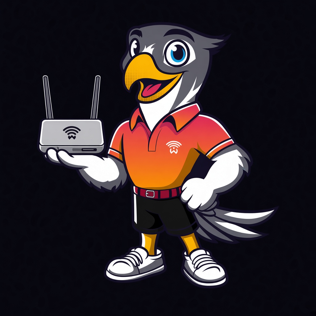 Mascota de Zona Wish sosteniendo un router WiFi